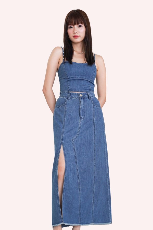 L609 Zen Front Slit Denim Midi Skirt in Mid Wash