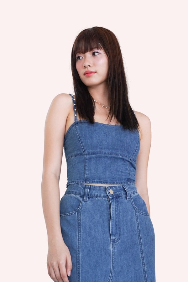 Zen Pearl Strap Denim Top in Mid Wash