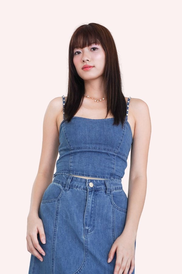 Zen Pearl Strap Denim Top in Mid Wash