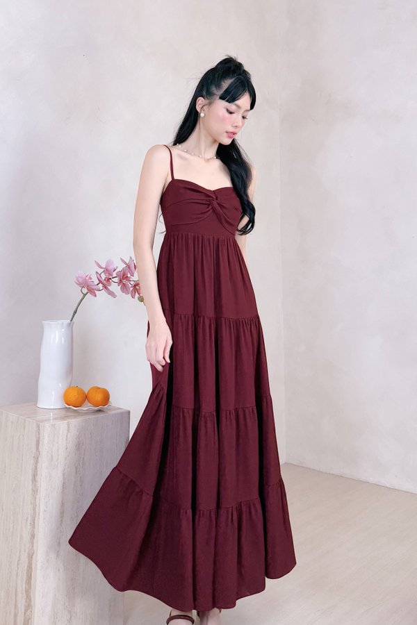 Glenette Front Twist Tiered Midi Dress in Maroon