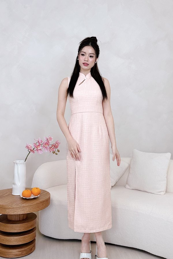 Felicity Midi Tweed Cheongsam in Pink with White Threads