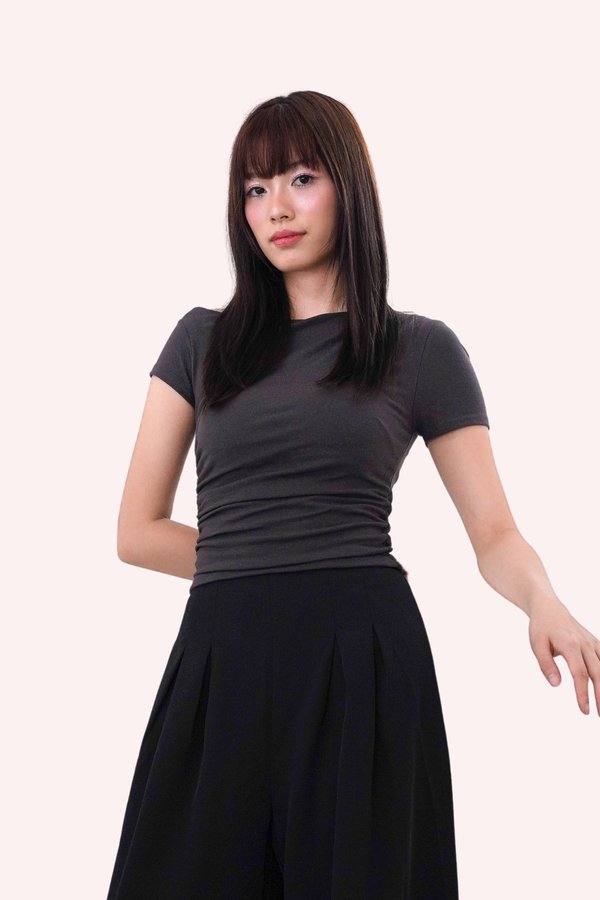 (BARE/BASIC) Elsie Asymmetrical Side Ruching Top in Slate Grey