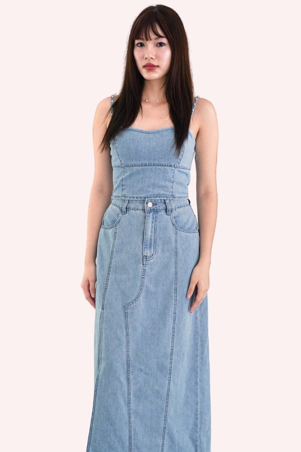 Zen Front Slit Denim Midi Skirt in Light Wash