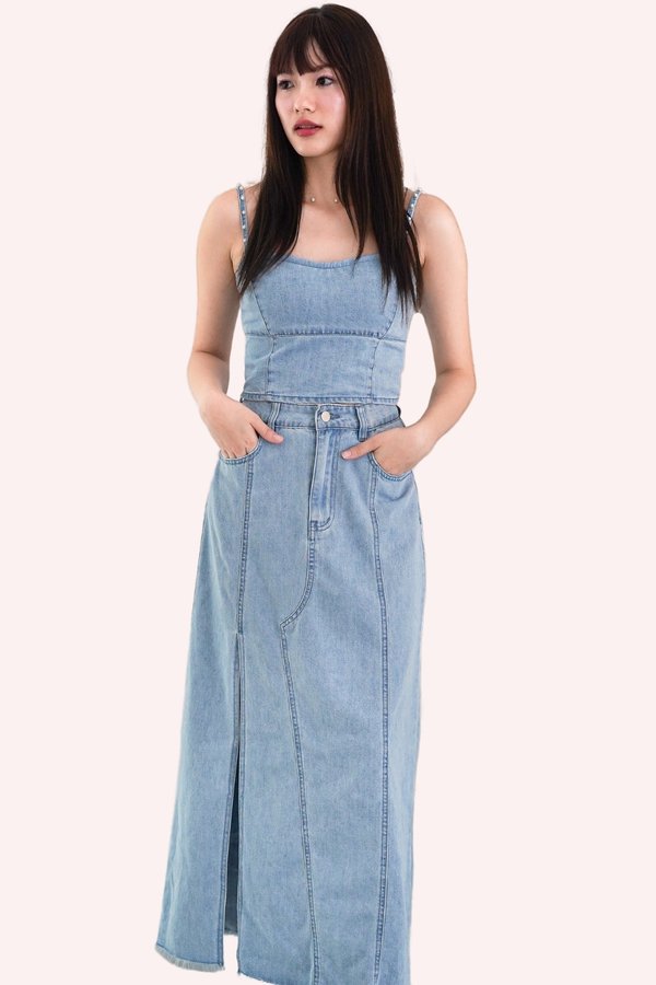 Zen Front Slit Denim Midi Skirt in Light Wash