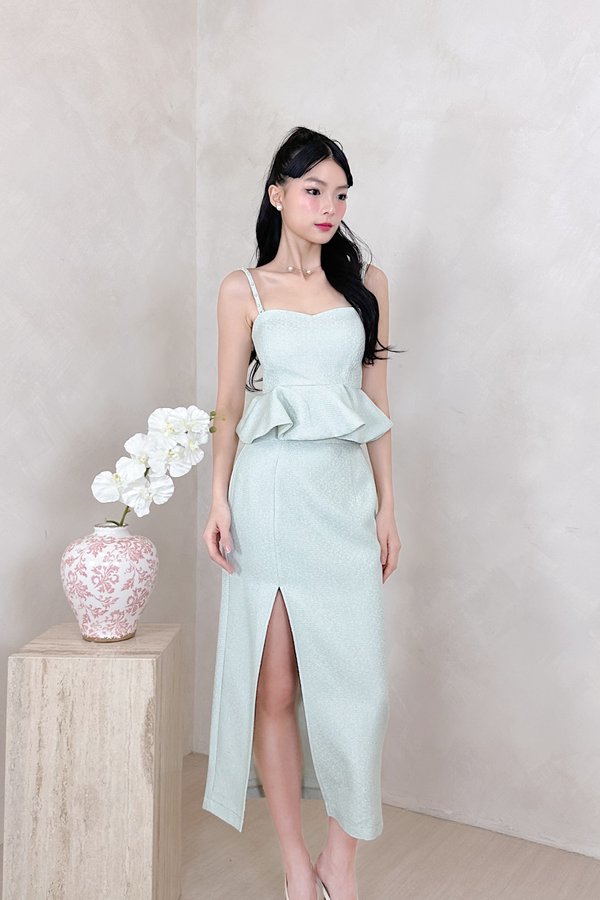 L587 Hanzel Side Slit Tweed Midi Skirt in Sage with Silver Threads