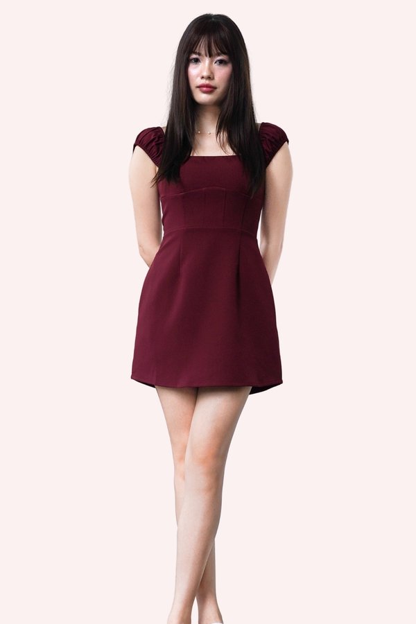 PX3618 Beverly Straight Neckline Dress Romper in Maroon