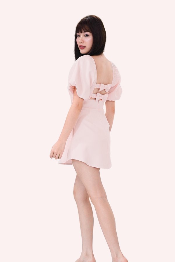 L579 Gladys Bubble Sleeve Back Ribbon Dress Romper in Baby Pink