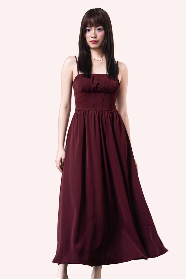 Arin Corset Ruched Midi Dress in Maroon