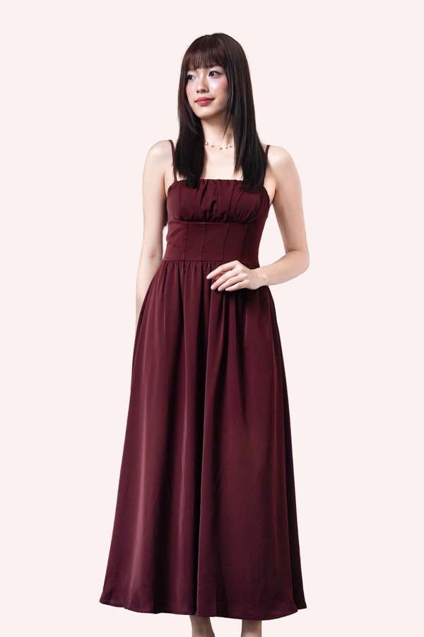 L545 Arin Corset Ruched Midi Dress in Maroon