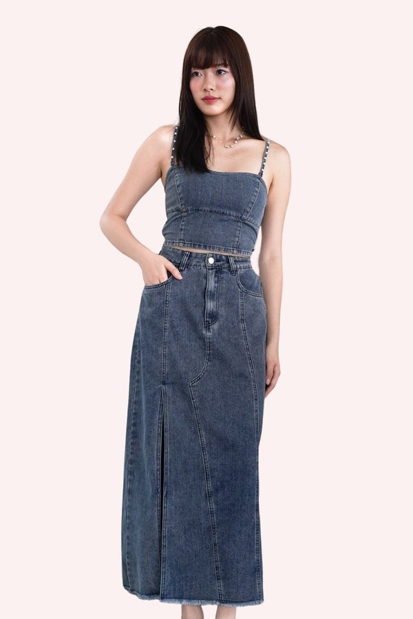 L609 Zen Front Slit Denim Midi Skirt in Dark Wash