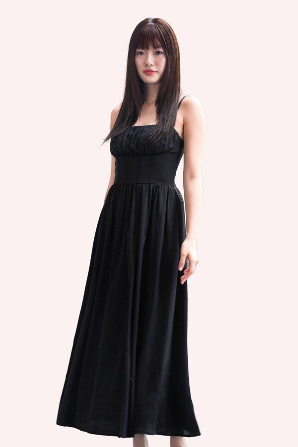 Arin Corset Ruched Midi Dress in Black