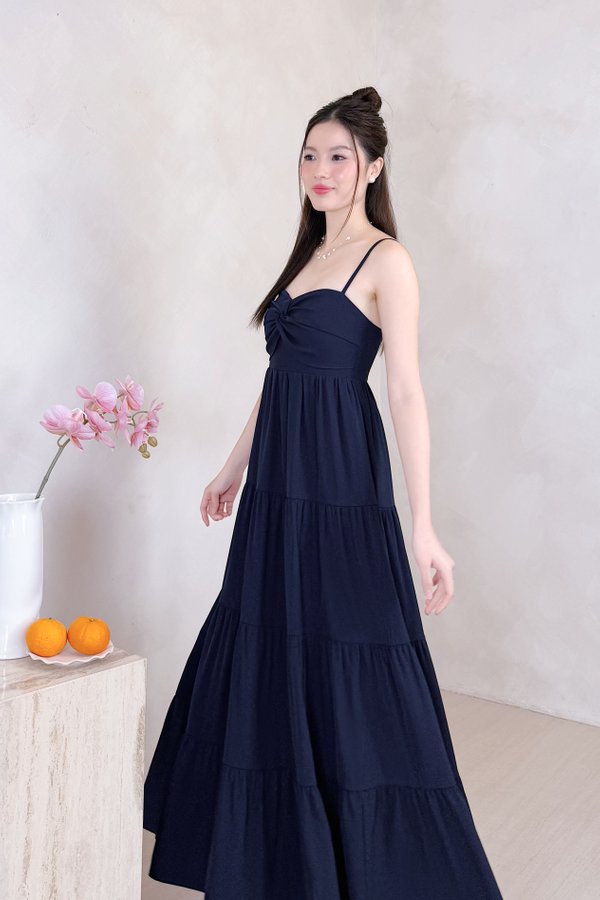 L639 Glenette Front Twist Tiered Midi Dress in Navy