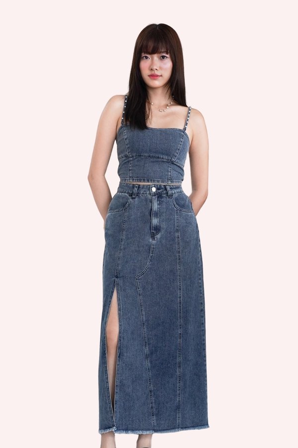 L609 Zen Front Slit Denim Midi Skirt in Dark Wash