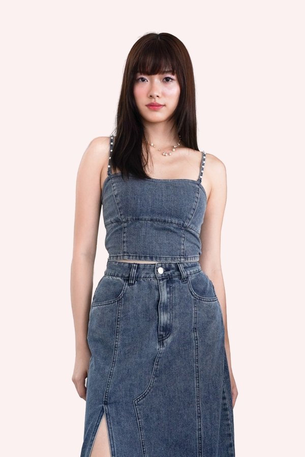 L610 Zen Pearl Strap Denim Top in Dark Wash