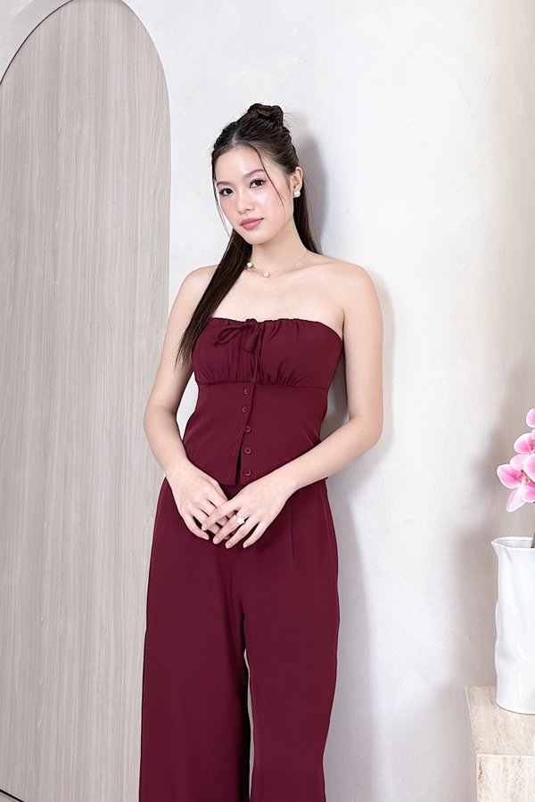 L568 Elise Sweetheart Neckline Ruched Button Top in Maroon