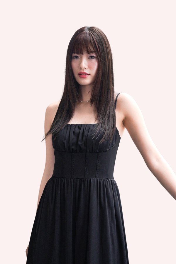 Arin Corset Ruched Midi Dress in Black