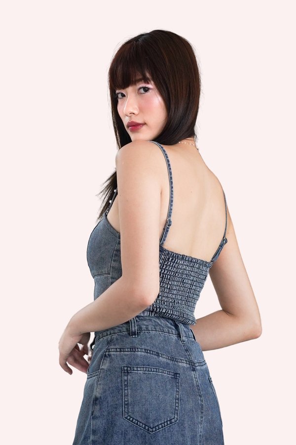 L610 Zen Pearl Strap Denim Top in Dark Wash