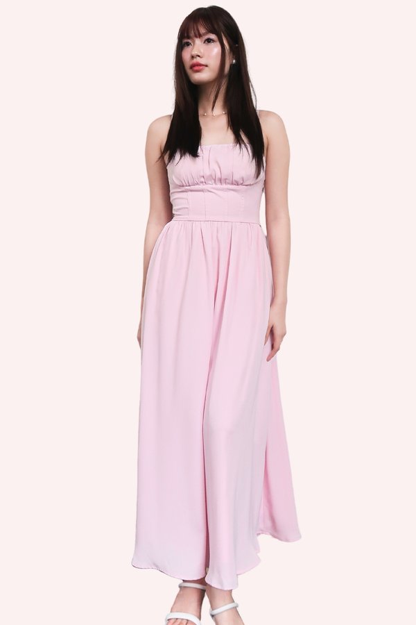 Arin Corset Ruched Midi Dress in Lilac Pink