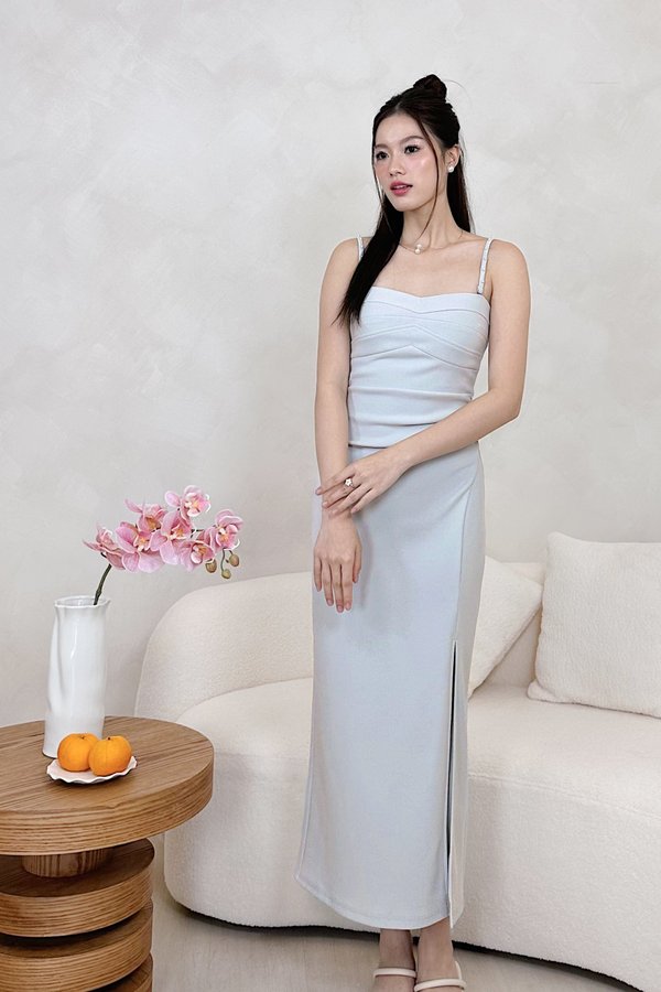 L660 Evelyn Side Ruched Front Slit Midi Dress in Ice Blue