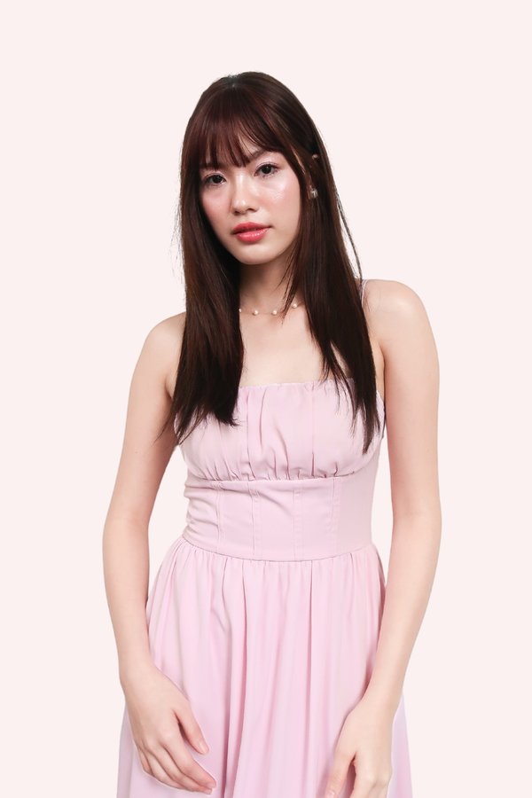 Arin Corset Ruched Midi Dress in Lilac Pink