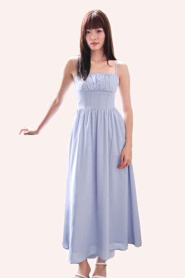 L545 Arin Corset Ruched Midi Dress in Sky Blue