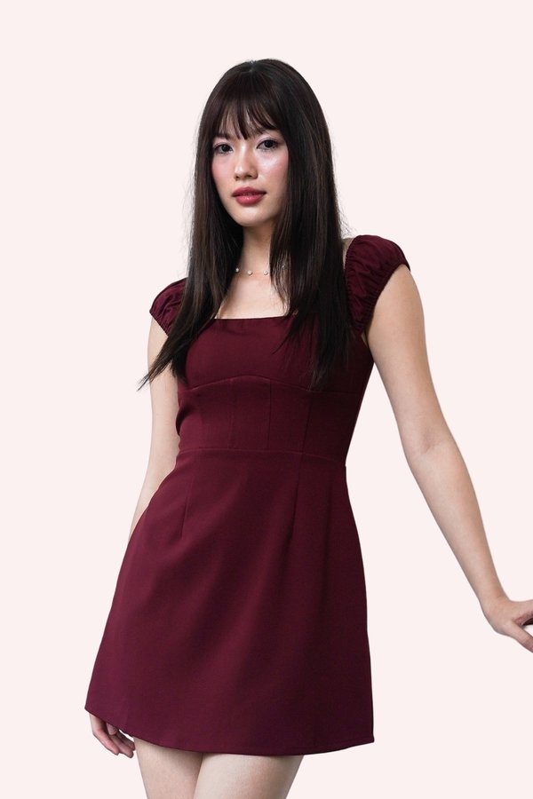 PX3618 Beverly Straight Neckline Dress Romper in Maroon