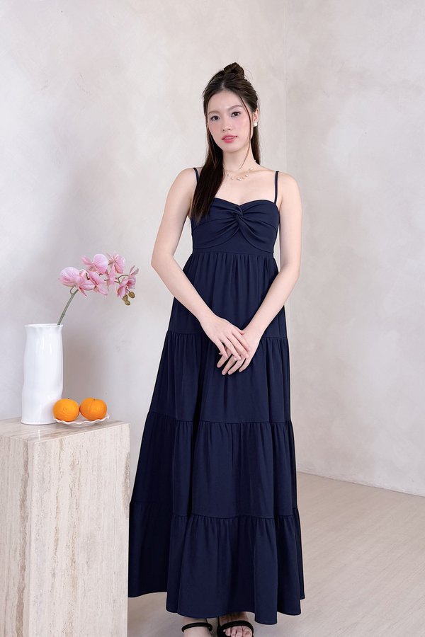 L639 Glenette Front Twist Tiered Midi Dress in Navy