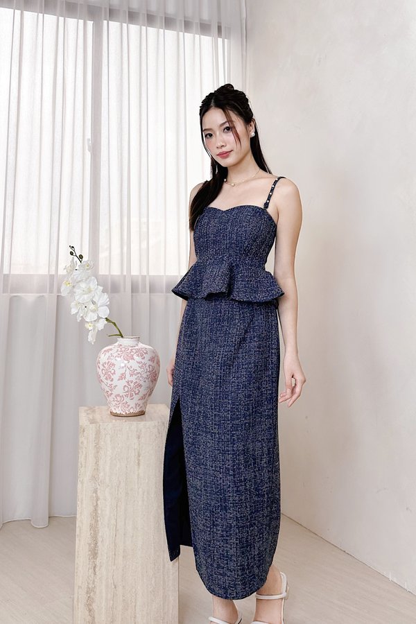 L587 Hanzel Side Slit Tweed Midi Skirt in Navy with White and Silver Threads