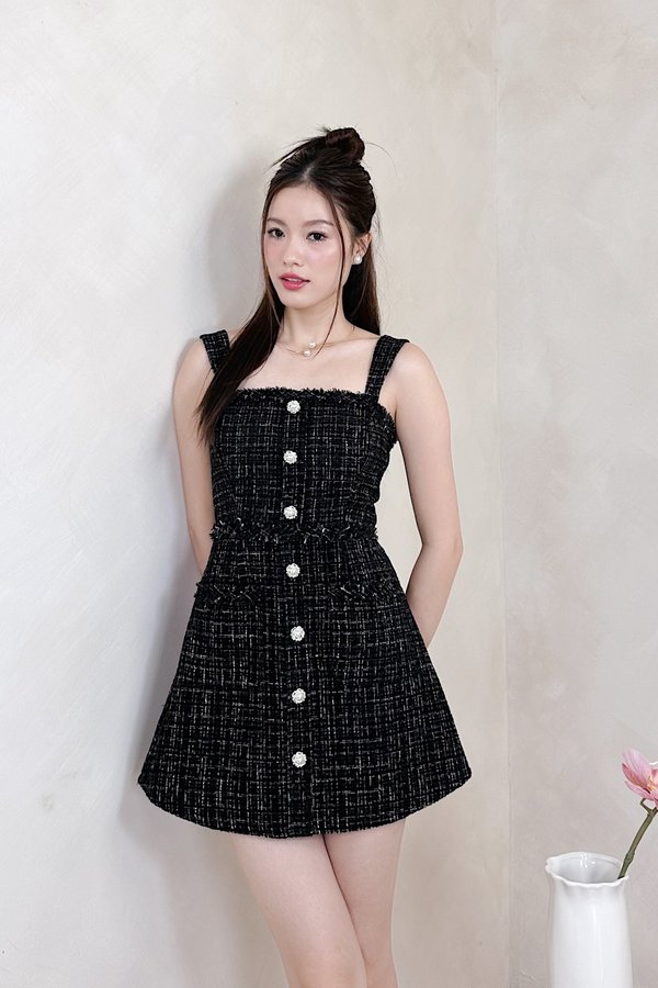 L676 Gemmy Suede Tweed Camillia Pearl Button Dress Romper in Black with White Threads