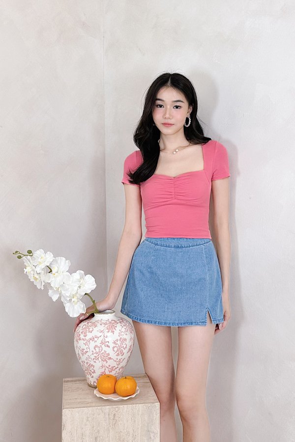 PX3600 (BARE/BASIC) Kaisley Sweetheart Neckline Ruched Sleeve Top in Bubblegum Pink