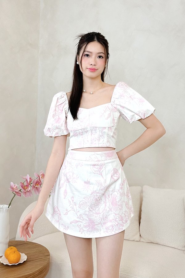 L572 Fiorella Smocked Back Bubble Sleeve White Denim Top in Pink Printed Floral