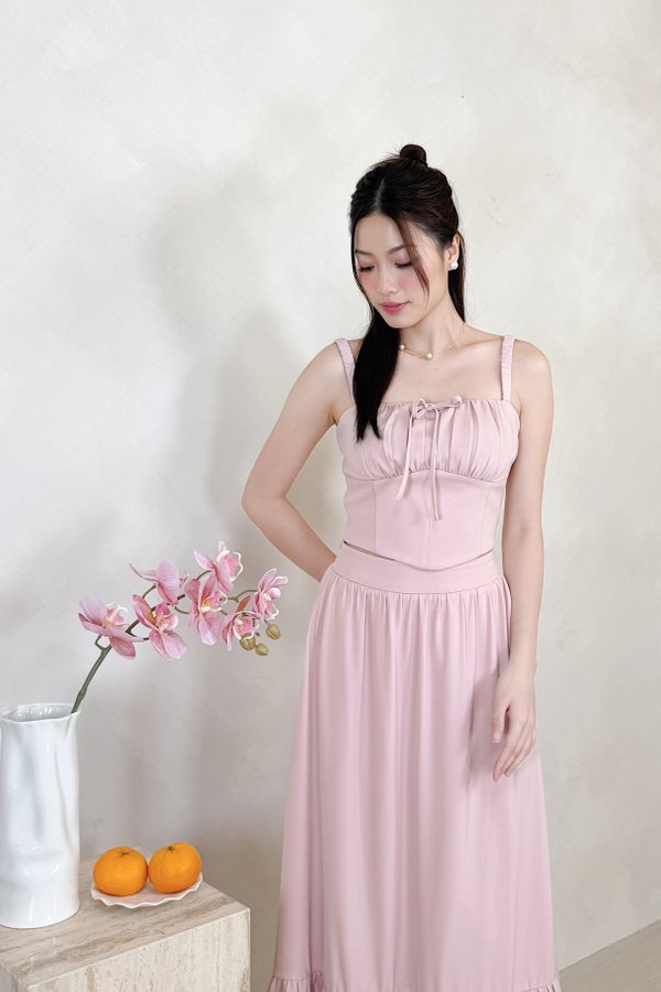 L561 Faye Straight Neckline Front Tie Elastic Strap Top in Dusty Pink