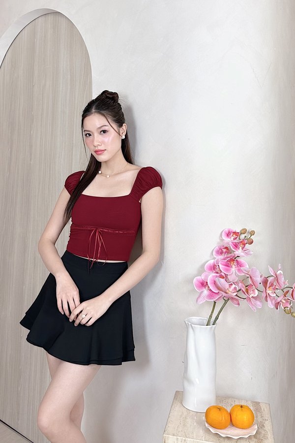 (BARE/BASIC) PX3666 Elsa Lace Ribbon Top in Maroon with Maroon Ribbon