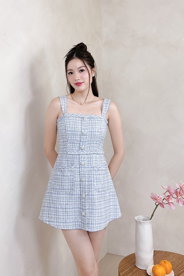 L676 Gemmy Suede Tweed Camellia Pearl Button Dress Romper in Blue with White Threads