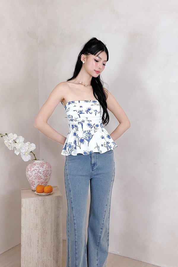 Itilda Peplum Top in Blue Printed Floral