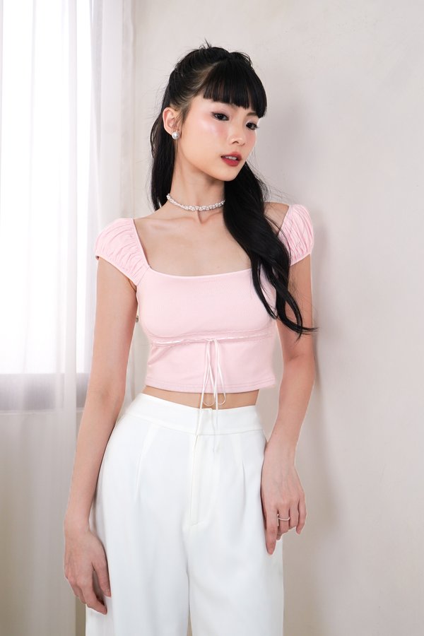 (BARE/BASIC) PX3666 Elsa Lace Ribbon Top in Baby Pink with White Ribbon