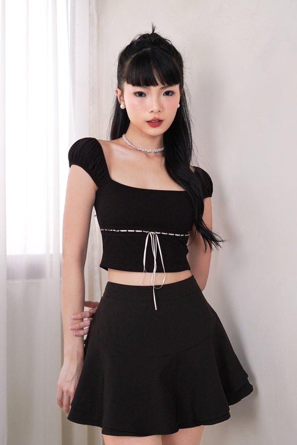 (BARE/BASIC) Elsa Lace Ribbon Top in Black with White Ribbon