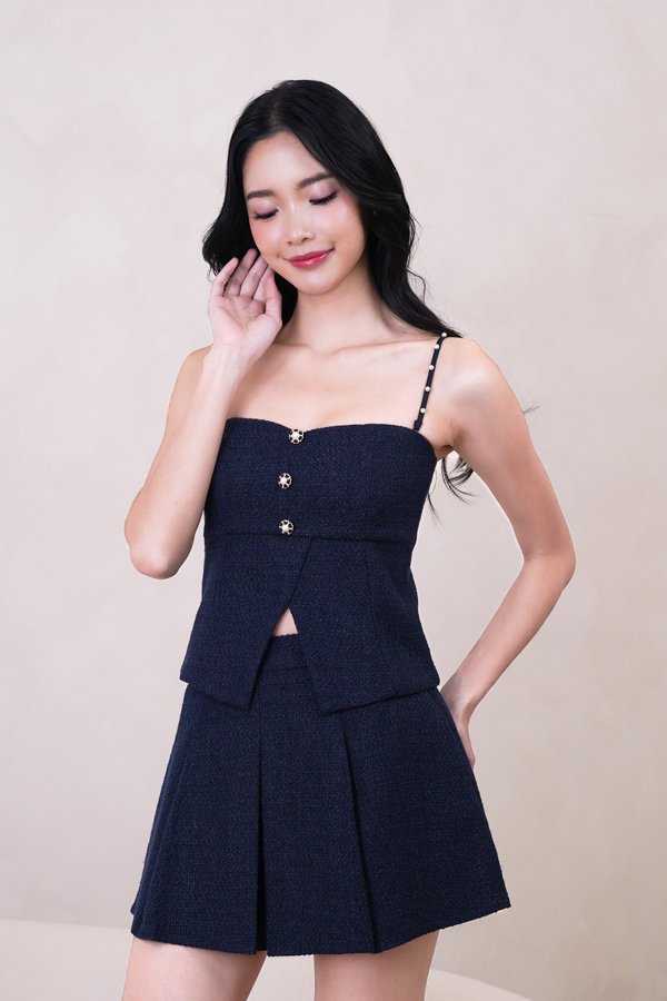 PX3621 Cristabelle Tweed Sweetheart Neckline Top in Navy