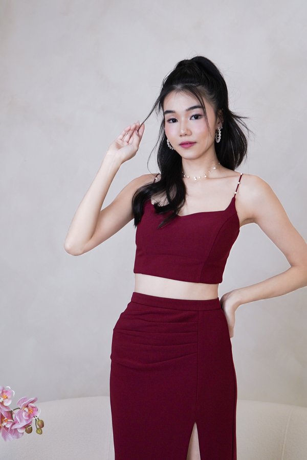 L576 Dahlia Queen Anne Neckline Pearl Strap Top in Maroon