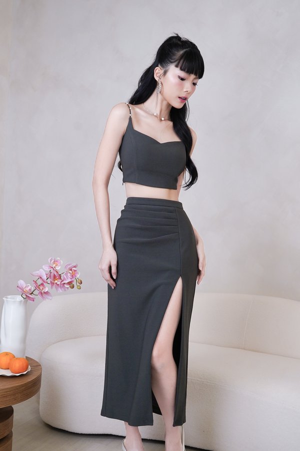 Dahlia Ruched Side Slit Midi Skirt in Slate Grey