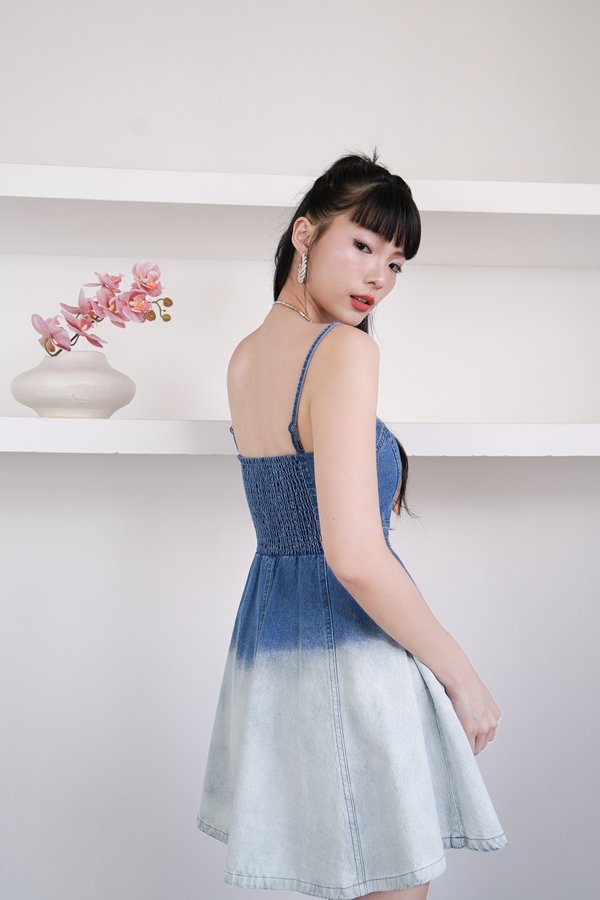 L607 Denica Denim Dress Romper in Dark Wash Ombre