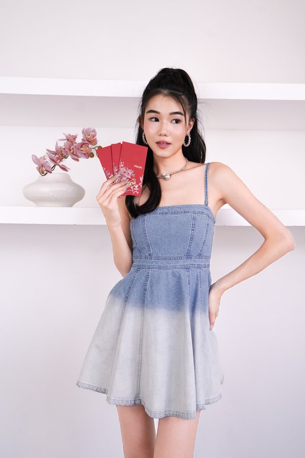 L607 Denica Denim Dress Romper in Mid Wash Ombre