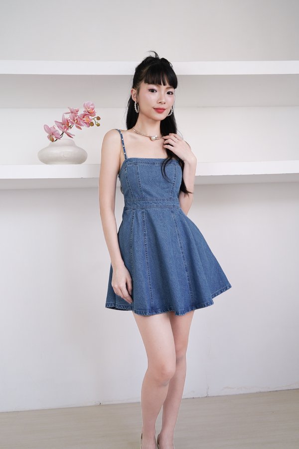 Denica Denim Dress Romper in Mid Wash