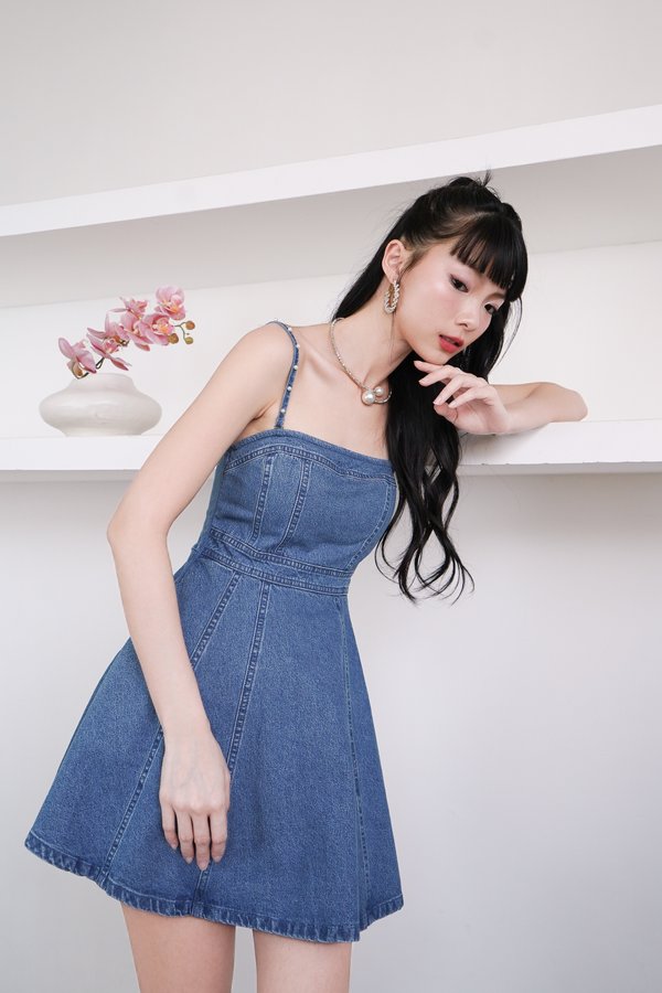 Denica Denim Dress Romper in Mid Wash