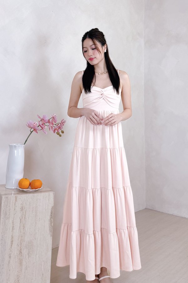 L639 Glenette Front Twist Tiered Midi Dress in Ice Pink