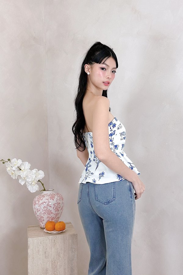 Itilda Peplum Top in Blue Printed Floral