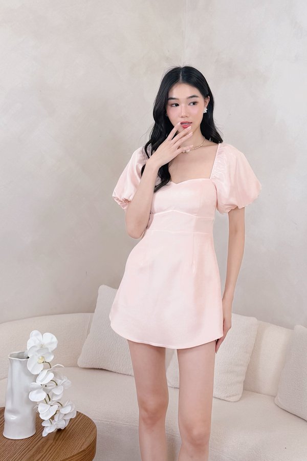 L579 Gladys Bubble Sleeve Back Ribbon Dress Romper in Baby Pink