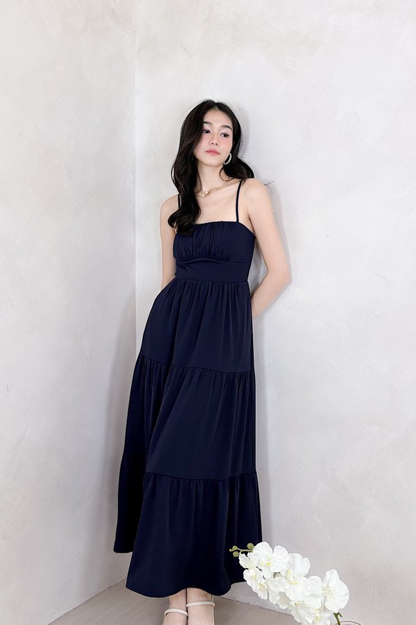 Lorelle Straight Neckline Ruched Tiered Midi Dress in Navy