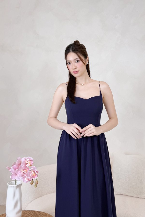 L669 Flora Queen Anne Neckline Pearl Straps Midi Dress in Navy