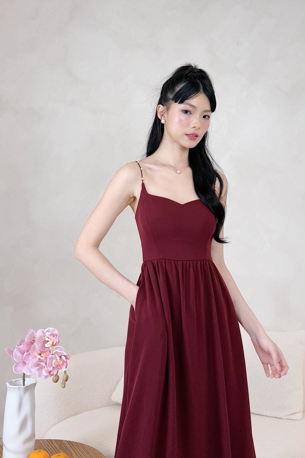 L669 Flora Queen Anne Neckline Pearl Straps Midi Dress in Maroon